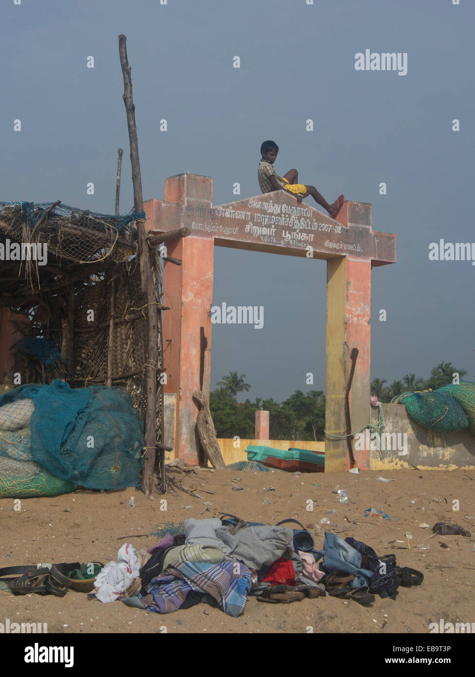 Küstenorte von 2004 Tsunami betroffen sind noch nicht umgebaut worden. Küste von Tamil Nadu, Indien Stockfoto