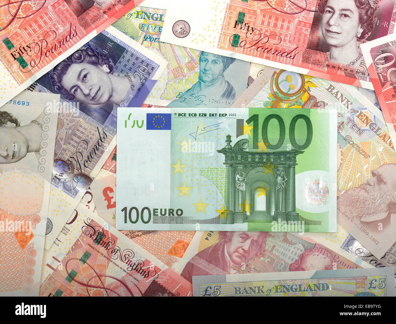 Banknoten, Pfund Sterling, 100 euro Stockfoto