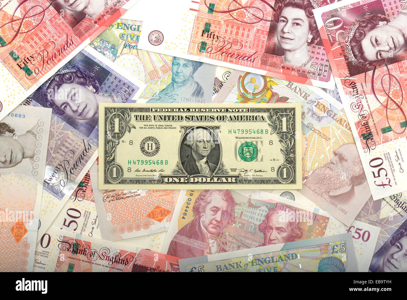 Banknoten, britische Pfund, US-Dollar Stockfoto