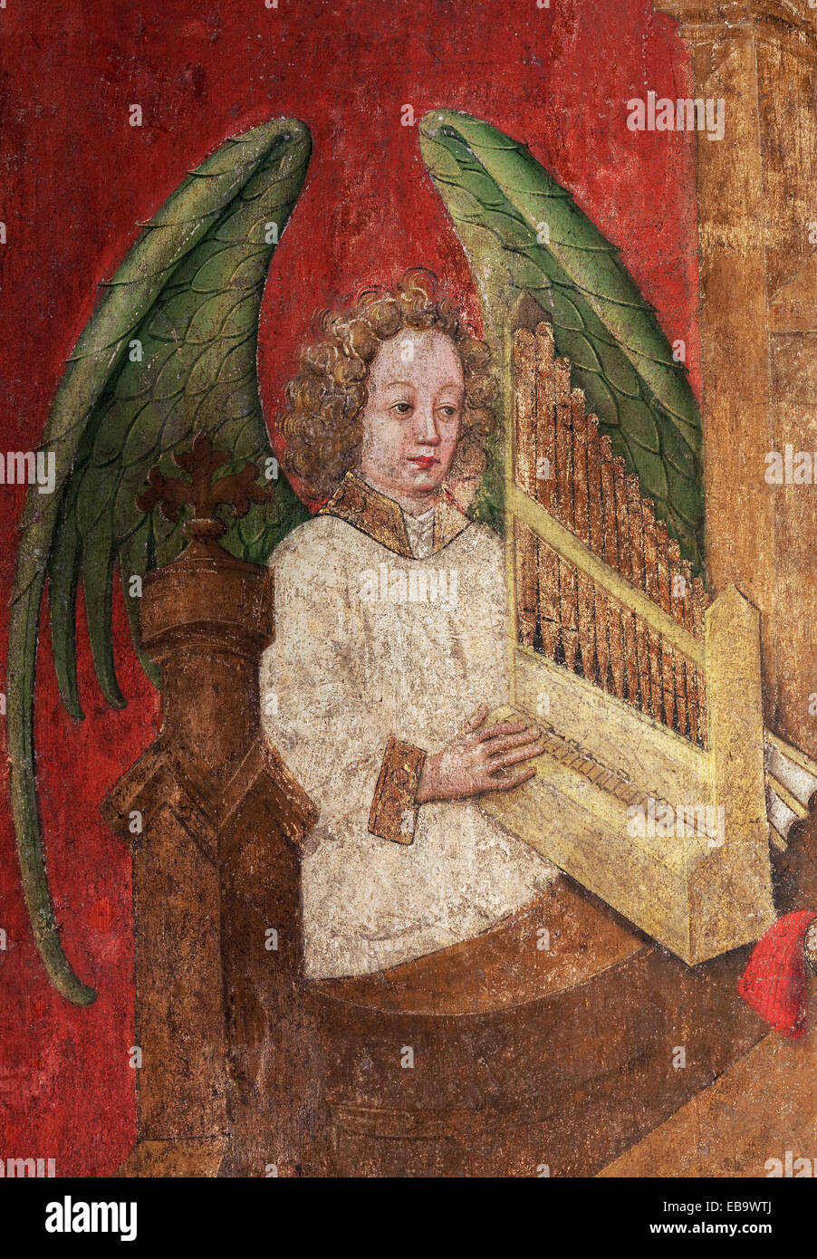 Engel ein Orgelspiel, Detail, Fresko aus dem 15. Jahrhundert, Basilika St. Lambertus, Altstadt, Düsseldorf, Rheinland Stockfoto