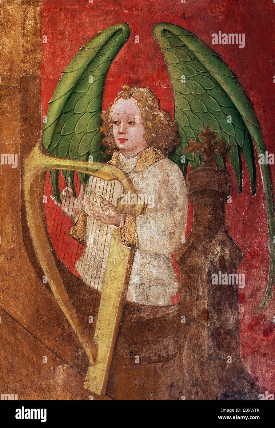 Engel spielt eine Harfe, Detail, Fresko aus dem 15. Jahrhundert, Basilika St. Lambertus, Altstadt, Düsseldorf, Rheinland Stockfoto