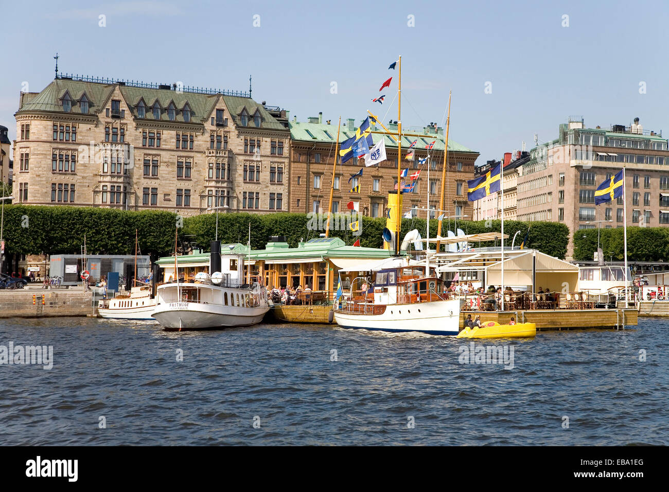 Strandvägen, Boote, Pier, Stockholm, Stockholms län, Schweden Stockfoto