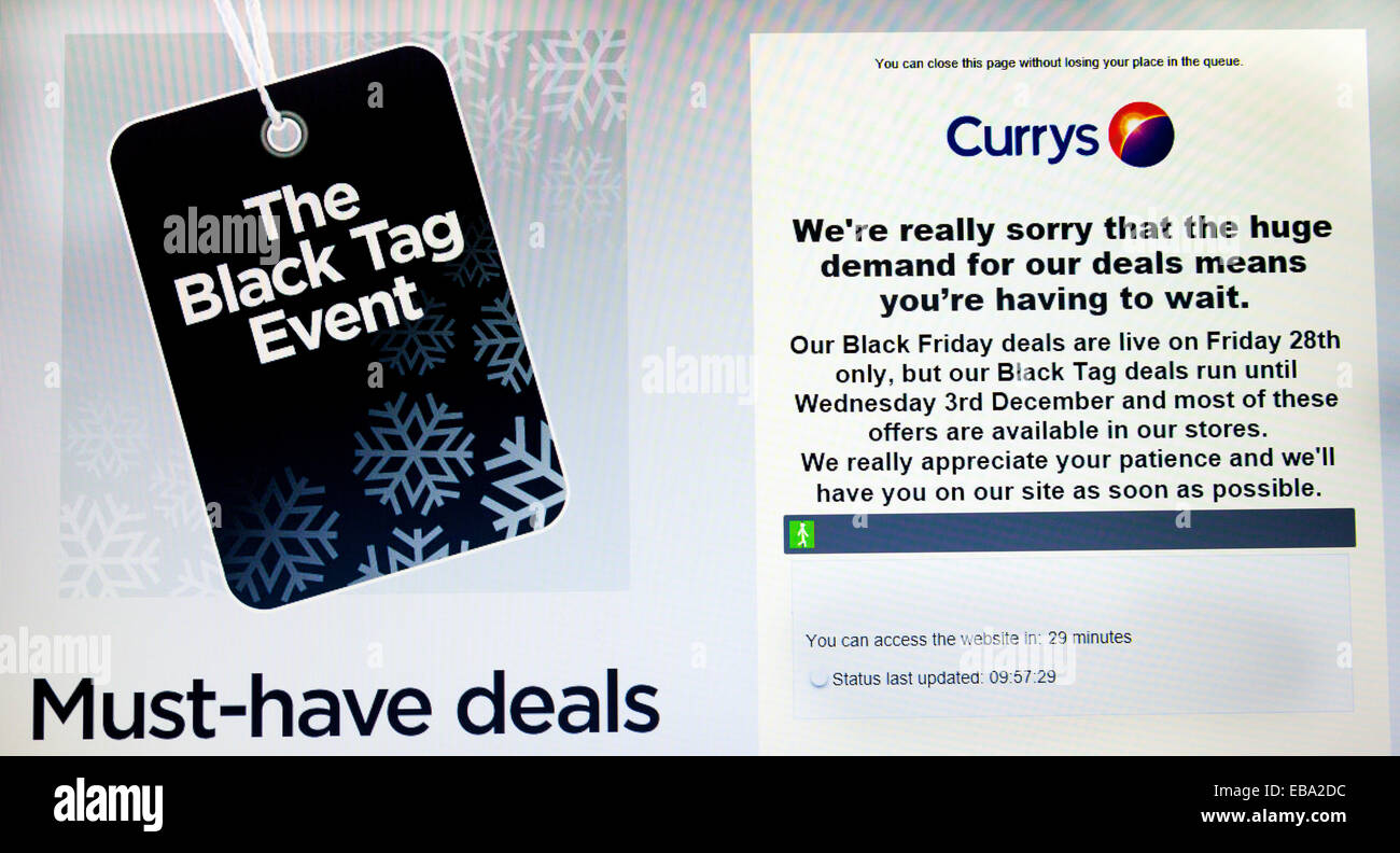 U.k. 28. November 2014. Die Webseite des britischen elektrischen Einzelhändler Currys fragt Leute warten, wie es, dass historisch hohen Nachfrage berichtet des Online-Shoppings am schwarzen Freitag in Großbritannien Black Friday ist der Verkaufstag in Amerika nach dem Thanksgiving-Feiertag, die Veranstaltung durch eine wachsende Zahl von UK Online-Händlern angenommen wurde. Bildnachweis: Mark Richardson/Alamy Live-Nachrichten Stockfoto