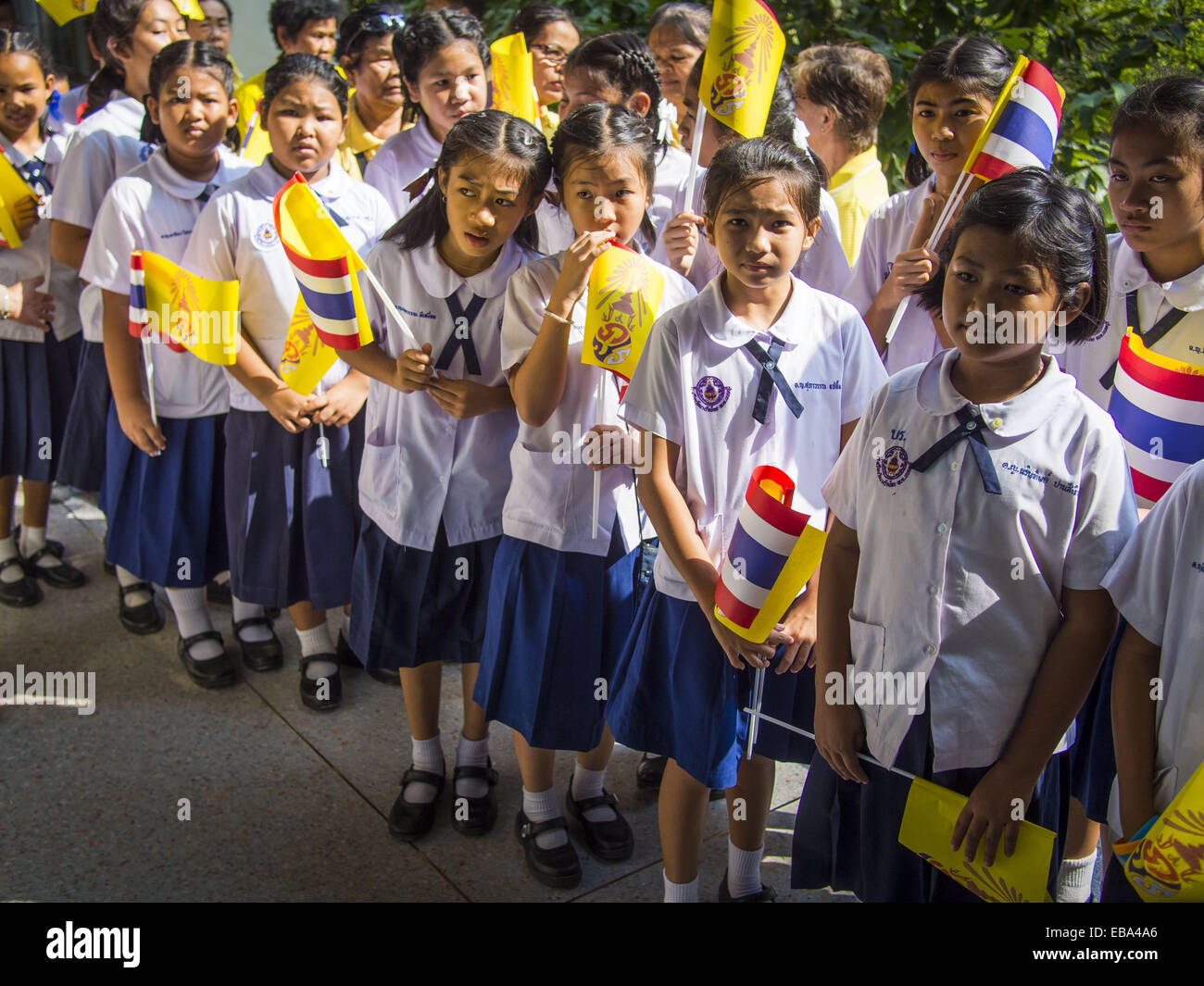 Bangkok, Bangkok, Thailand. 28. November 2014. Schulkinder mit Thai Fahnen und die gelbe Flagge der thailändischen Monarchie Linie bis zu Angebot Geburtstagswünsche für Bhumibol Adulyadej, der König von Thailand. Der König wurde am 5. Dezember 1927, in Cambridge, Massachusetts geboren. Die Familie war in den Vereinigten Staaten, weil sein Vater, Prinz Mahidol, Public Health an der Harvard University studierte. Hat der seit 1946 regiert und herrscht weltweit derzeit längste Umhüllung Monarch und der längste Umhüllung Monarch in der thailändischen Geschichte. Bhumibol, der in einem schlechten Gesundheitszustand ist, wird durch das thailändische Volk verehrt. Seine birthd Stockfoto