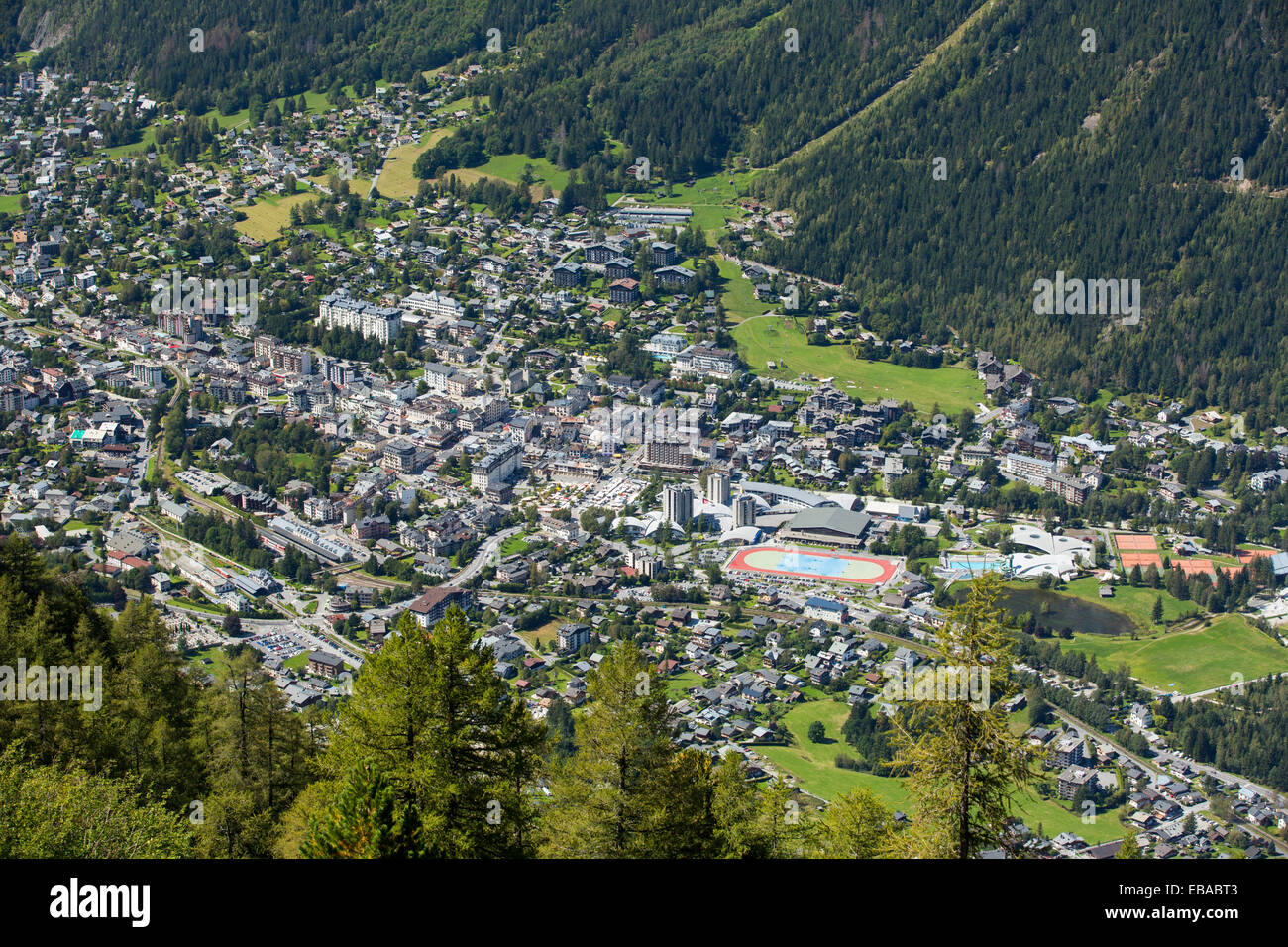 Blick hinunter auf Chamonix, Frankreich. Stockfoto