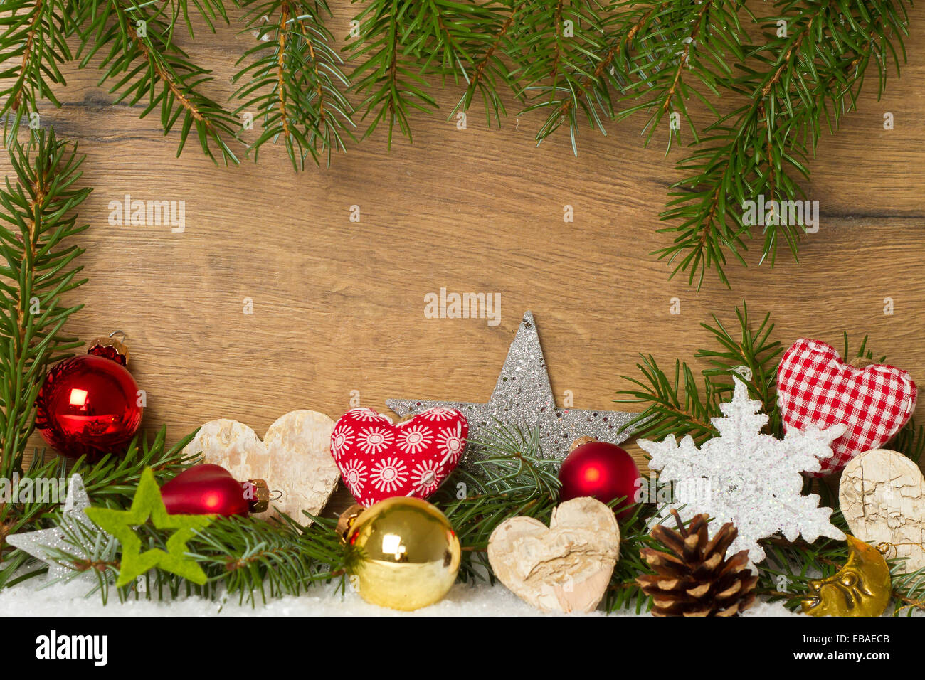 Glücklich Weihnachtsdekoration auf hölzernen Hintergrund Stockfoto