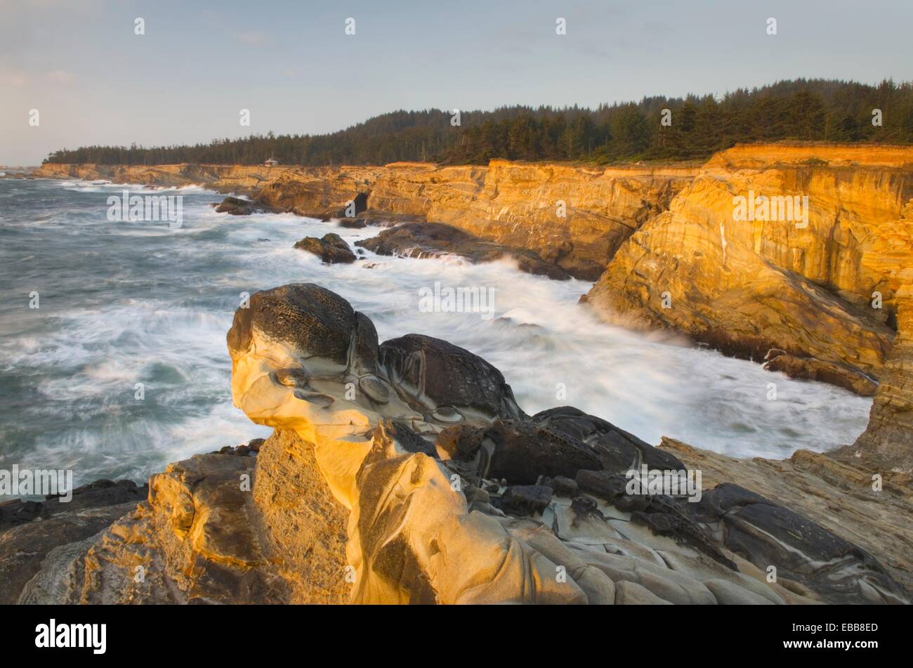 Klippe Küste Küste Farbe Bild Konkretion Abend Landzunge horizontale mineralische Ozean Oregon Pacific Northwest robuste Sandstein Stockfoto