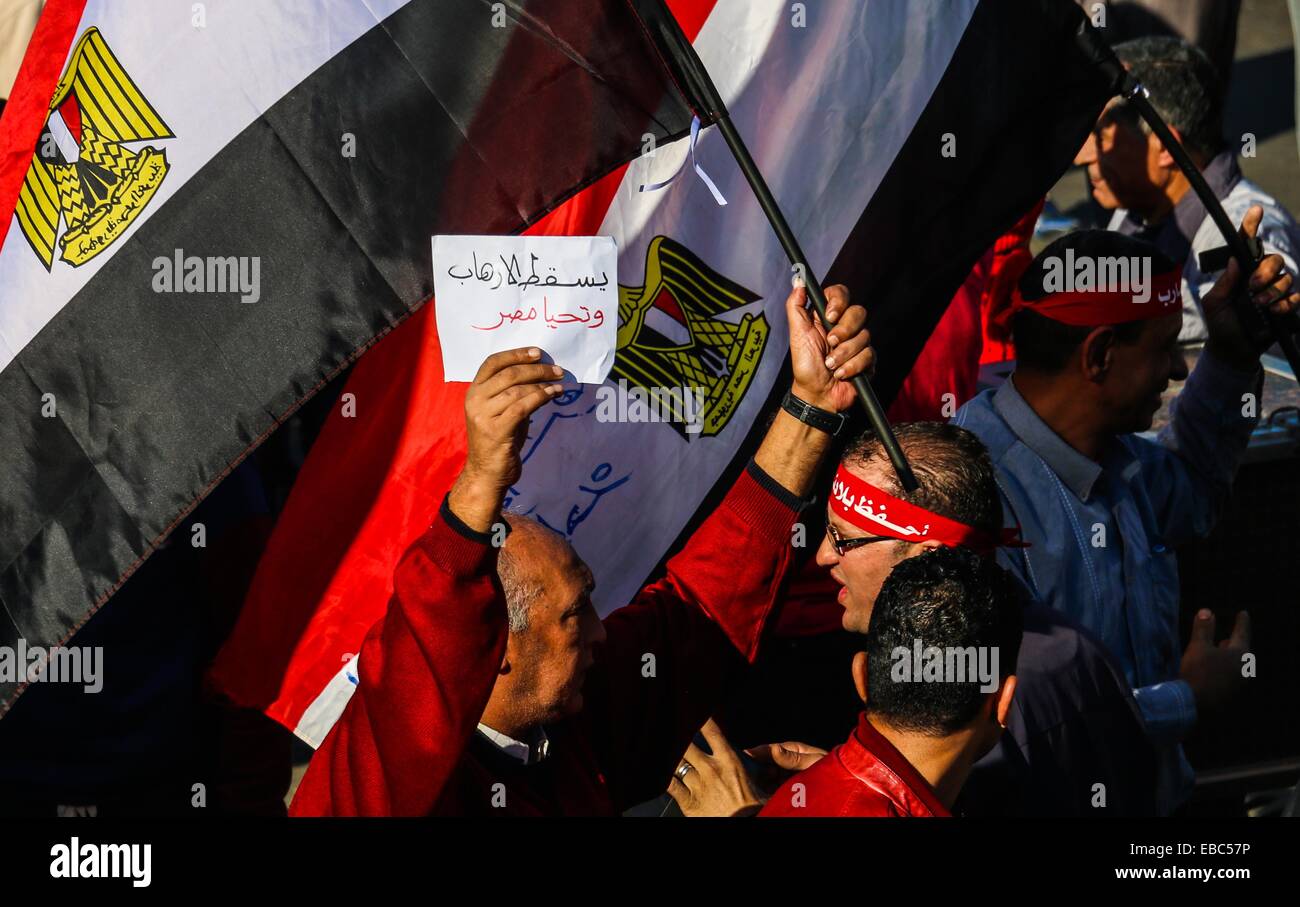 Alexandria, Ägypten. 28. November 2014. Ein Befürworter der ägyptischen Armee hält einen Banner schreiben "Unten mit Terrorismus, lang lebe Ägypten" bei einer pro-militärischen Demonstration in Alexandria, die zweitgrößte Stadt von Ägypten am 28. November 2014. Ägyptens Armee und Polizei haben hohe Sicherheitsmaßnahmen getroffen und über die wichtigsten Plätze des Landes und Regierungsgebäude durch die Anrufe für massive Proteste gegen die Regierung am Freitag durch die ultrakonservativen islamistischen Gruppe salafistischen vorne halten bereitgestellt. © Asmaa Abdelatif/Xinhua/Alamy Live-Nachrichten Stockfoto