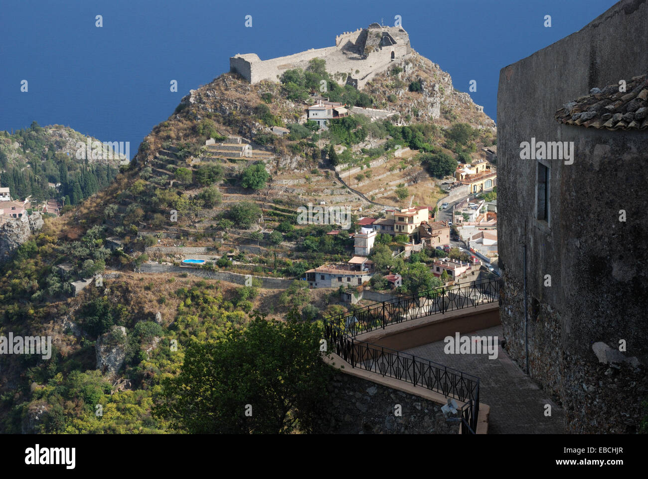 Blick von Castelmola, Sizilien, Italien. Stockfoto