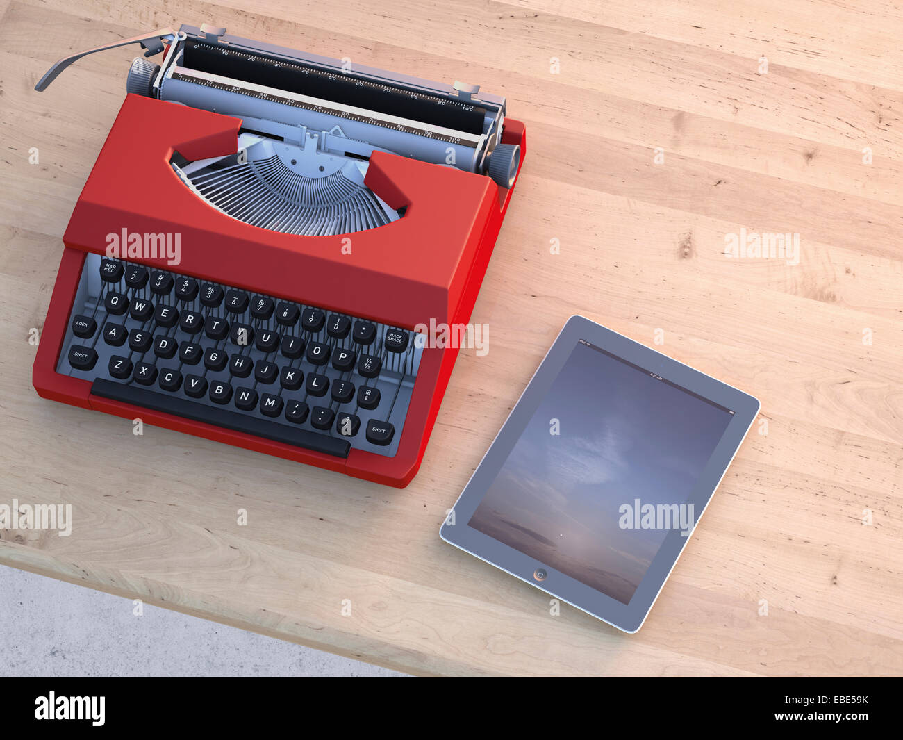 Digitale Illustration der alten Schreibmaschine und modernen Tablet-Computer am Schreibtisch aus Holz Stockfoto