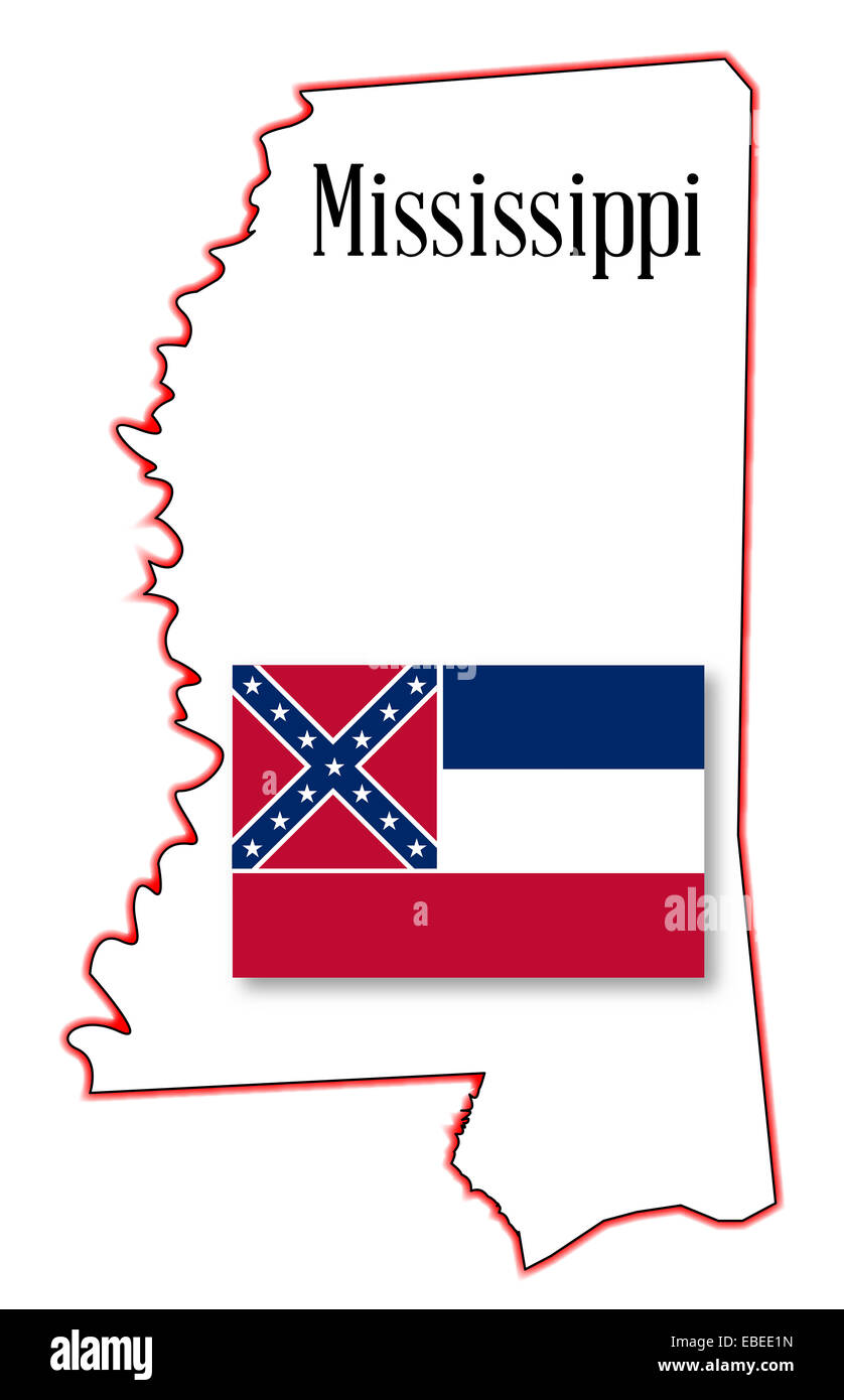 Staatliche Karte Umriss des Mississippi über einen weißen Hintergrund mit Flagge Stockfoto