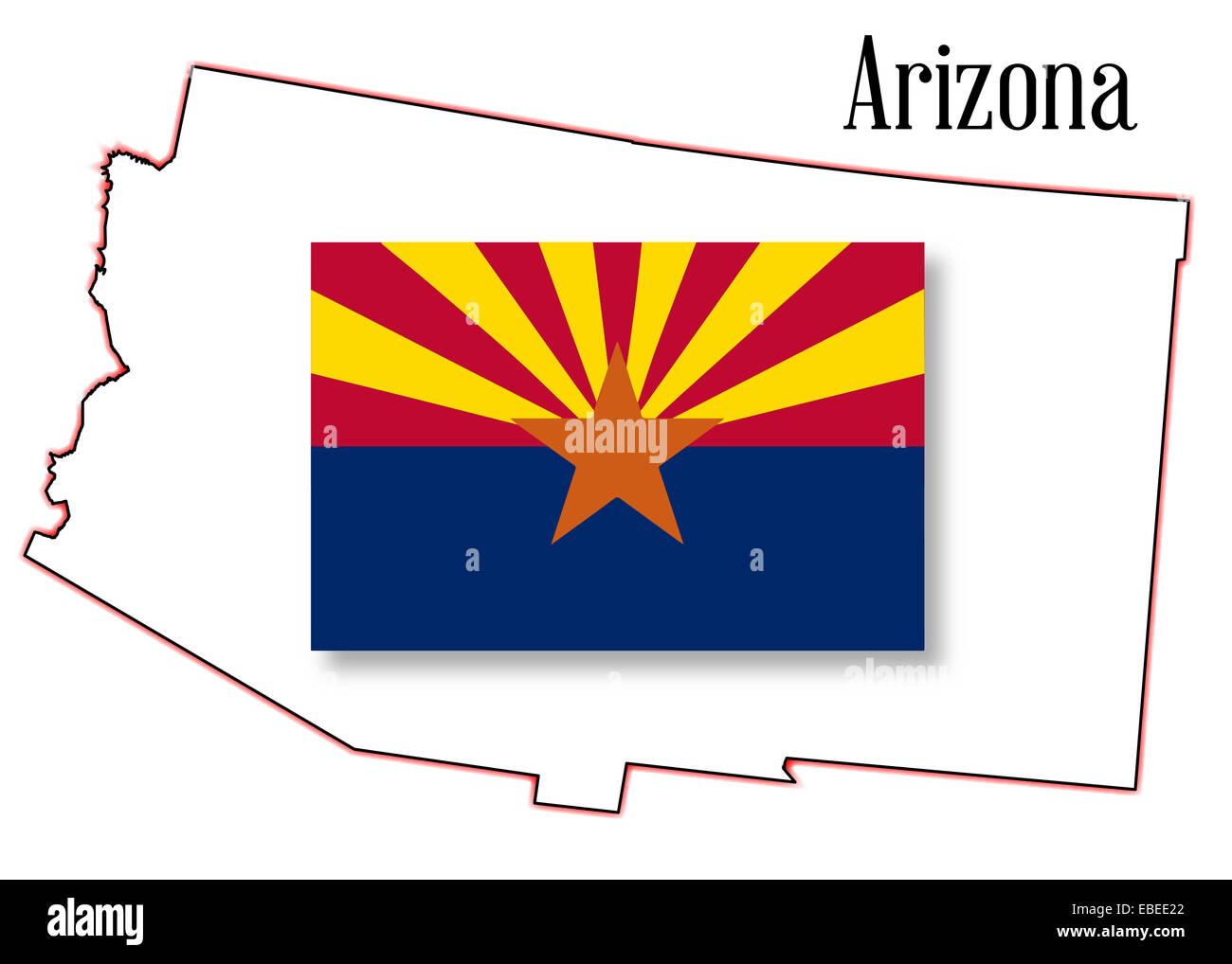 Der Umriß des Bundesstaates Arizona auf weißem Hintergrund mit Flagge Stockfoto