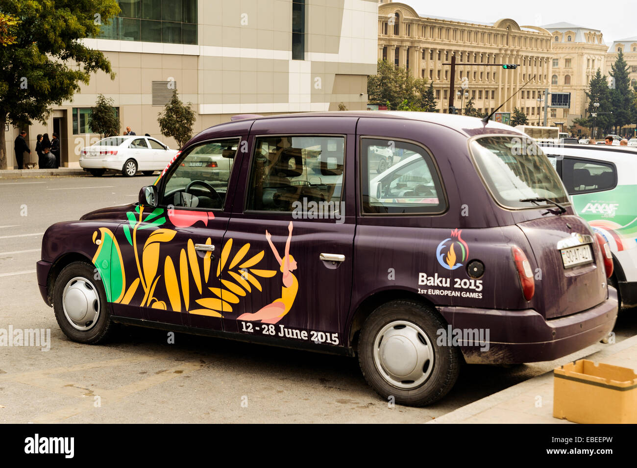 London Style City Taxi mit 2015 erste europäische Spiele Werbung in Baku, Aserbaidschan. Stockfoto