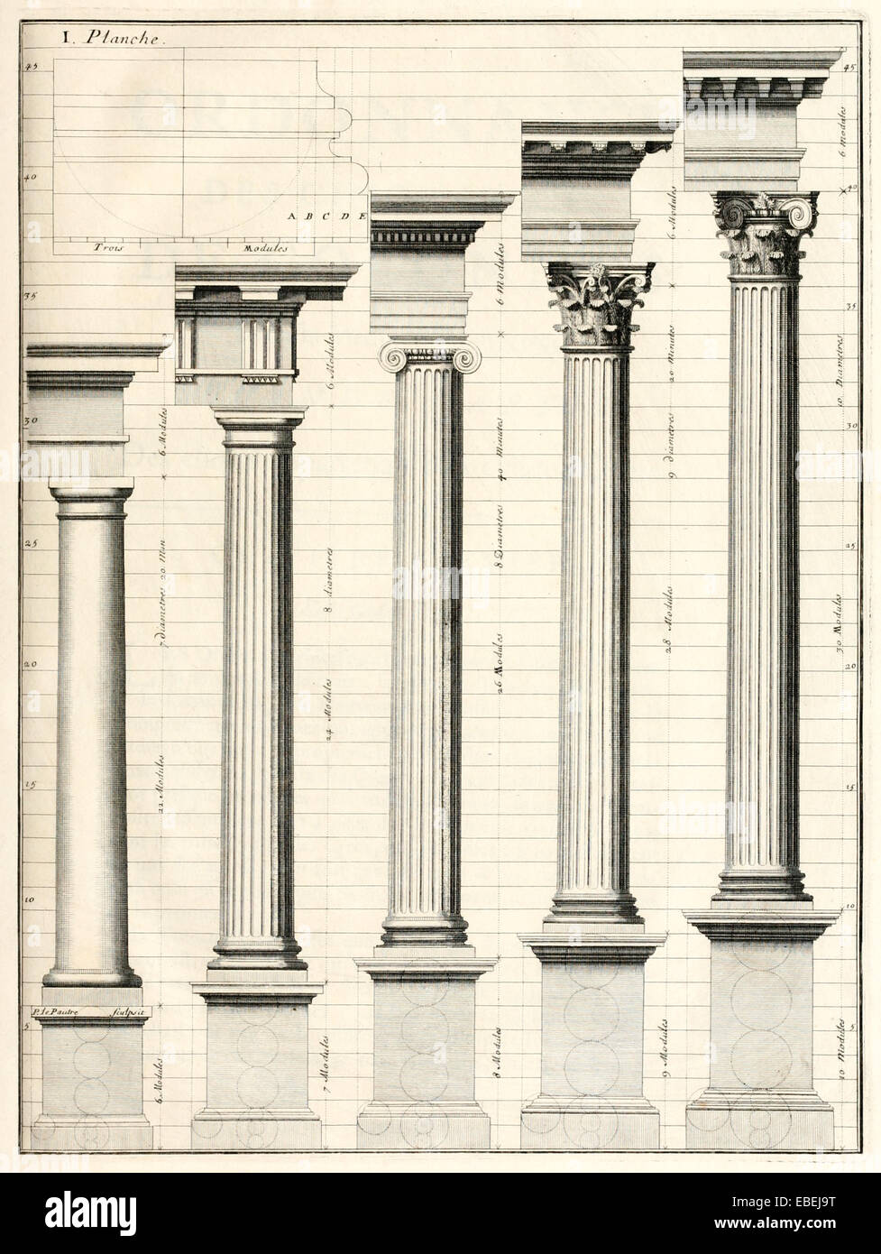 Klassische Reihenfolge der Spalten von Claude Perrault, französischer Renaissance-Architekten-Abbildung. Siehe Beschreibung für mehr Informationen. Stockfoto