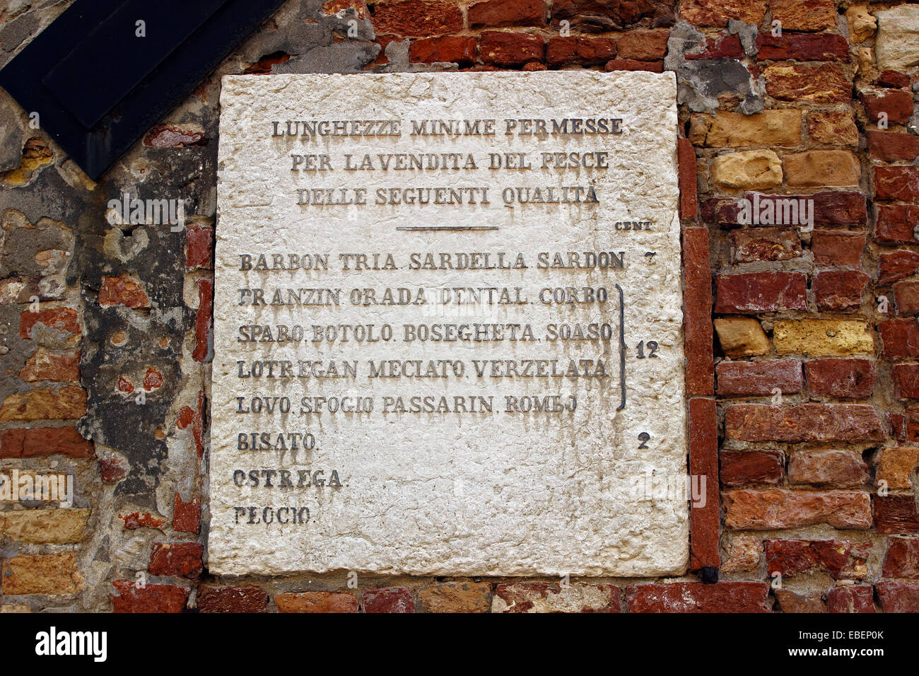 Venedig Italien Castello alten Fisch Marktpreis anmelden Ziegelmauer Stockfoto