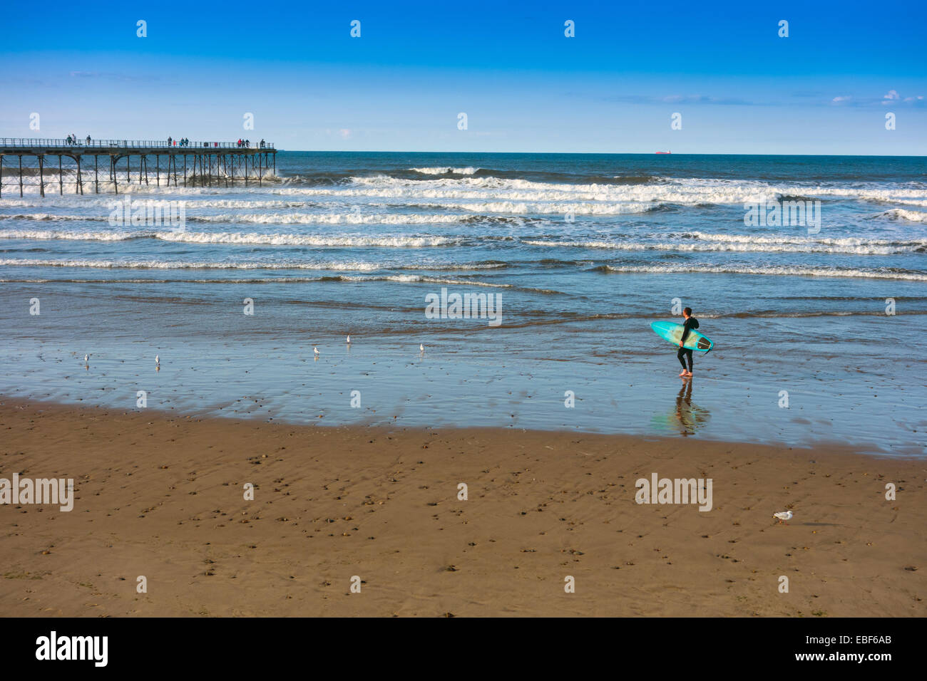 Einsamer Surfer mit blauen Surfbrett Spaziergänge am Meer, Urlaubsort am Strand mit Badesteg Saltburn Stockfoto