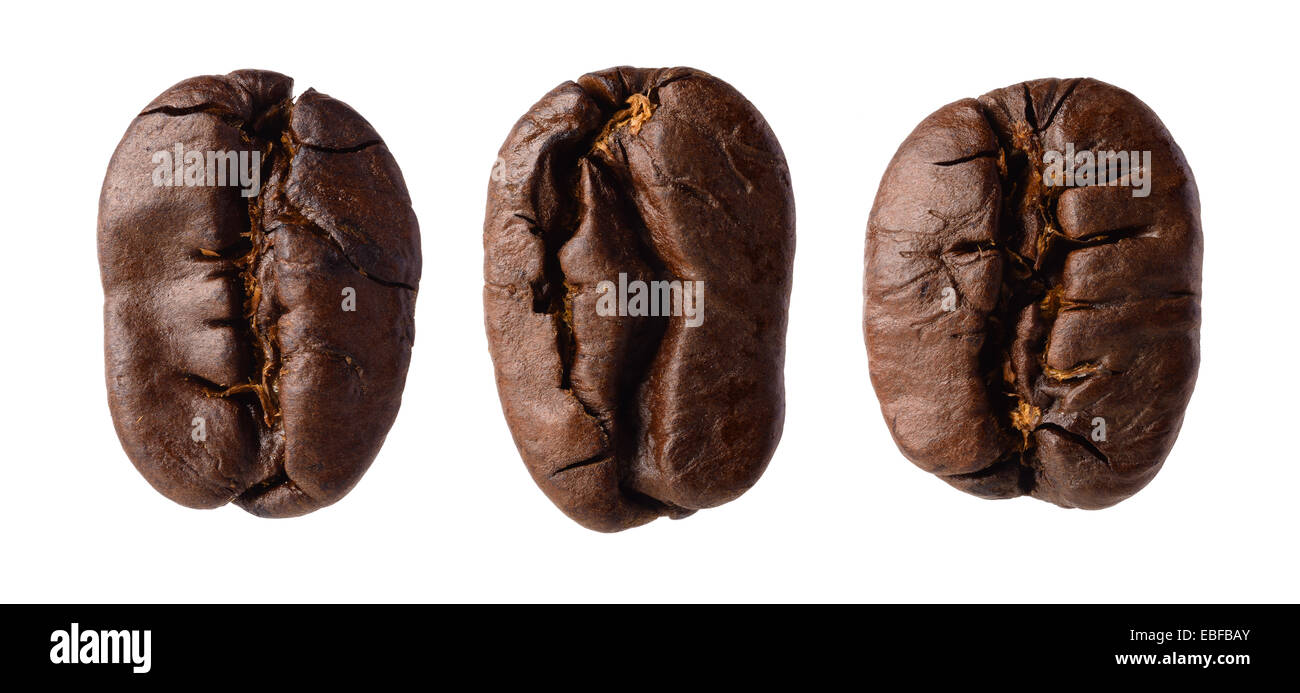 Essen und trinken: drei geröstete Kaffeebohnen, isoliert auf weißem Hintergrund Stockfoto