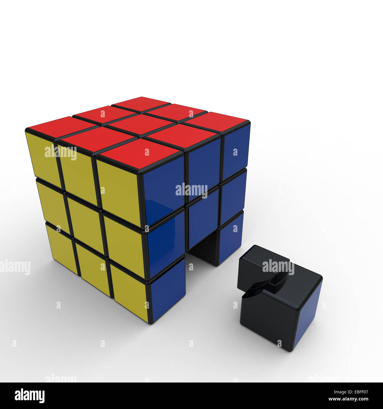 Rubik Würfel mit blauen, gelben und roten Gesichter und ein Stück fehlt auf weißem Hintergrund Stockfoto Rubik Würfel mit blauen, gelben und roten Gesichter und ein Stück fehlt auf weißem Hintergrund Stockfoto