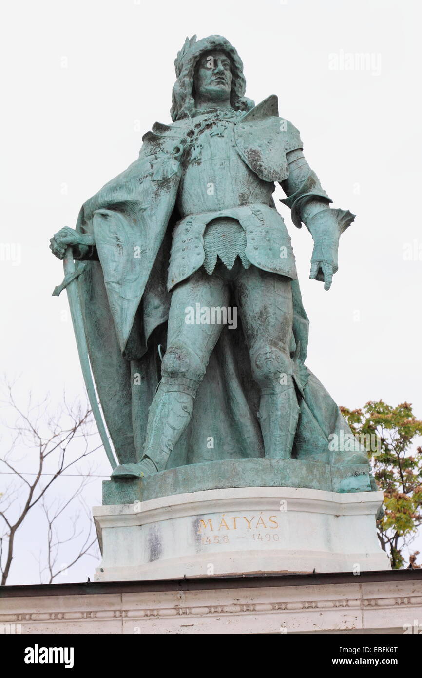 Matthias Corvinus (König Mátyás) ikonische Statue Komplex mit sieben Chieft, Heldenplatz in Budapest, Ungarn Stockfoto