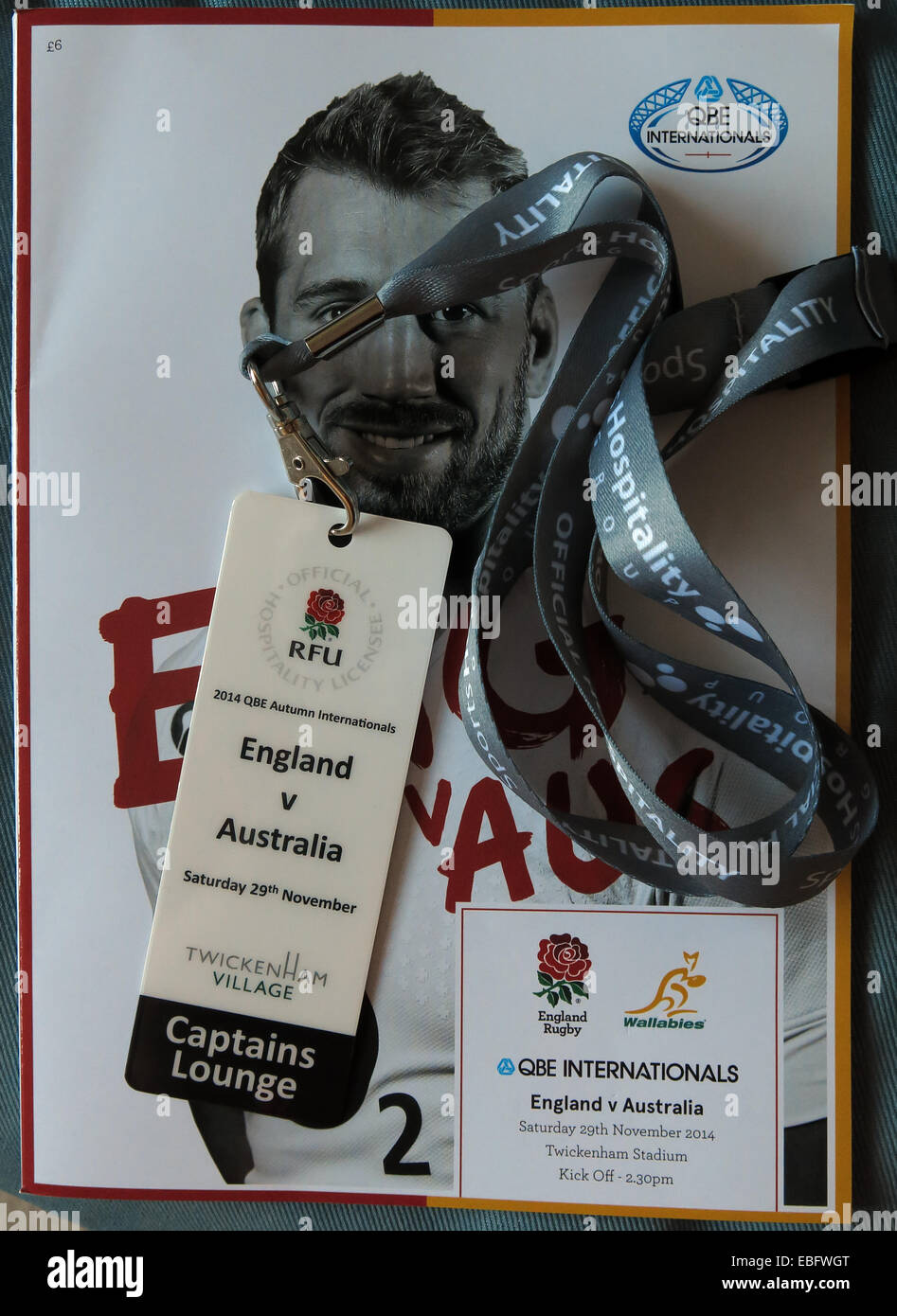 Hospitality pass & Programm für englische Rugby in Twickenham, London, England, UK Stockfoto
