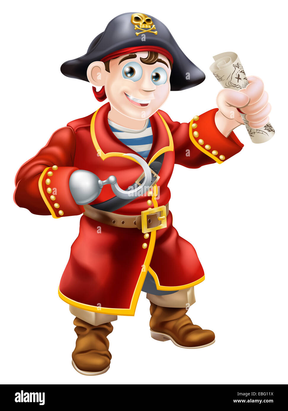 Ein Cartoon Pirat lächelnd mit einem Haken und im Besitz einer Scroll-Schatz-Karte Stockfoto