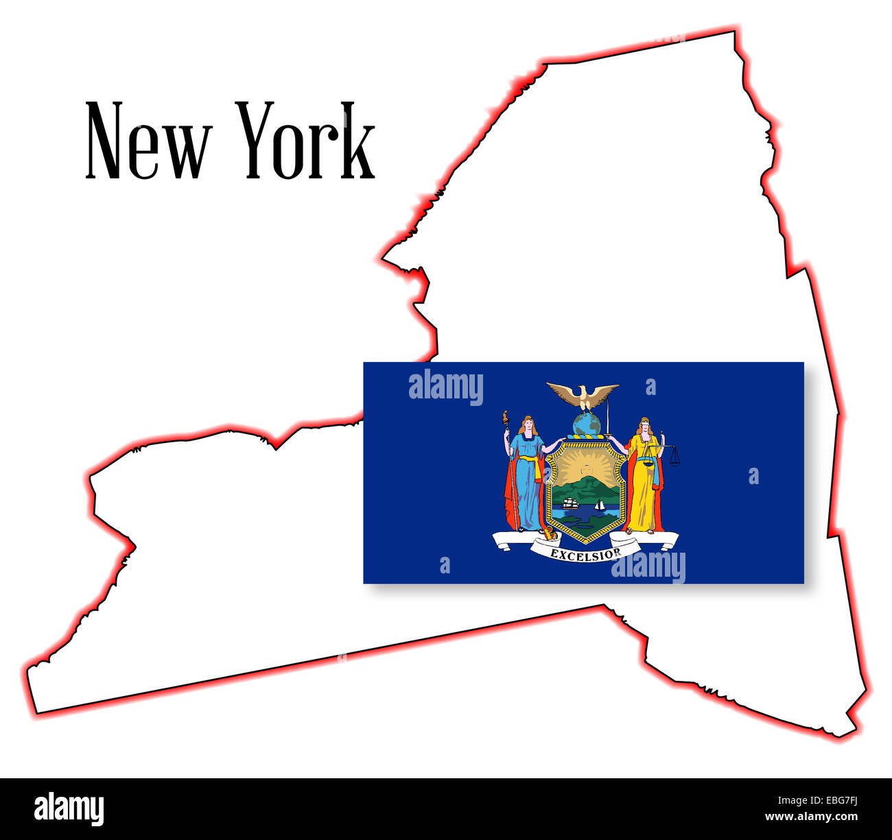 Staatliche Karte Gliederung von New York über einen weißen Hintergrund mit Flagge Stockfoto
