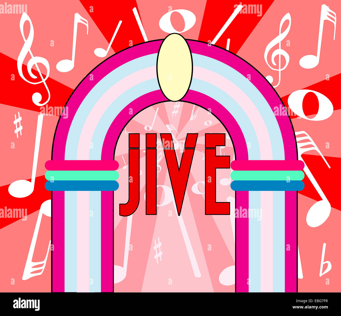 Eine Jukebox-Darstellung mit der Text-Jive und Musik-Notation als Hintergrund Stockfoto
