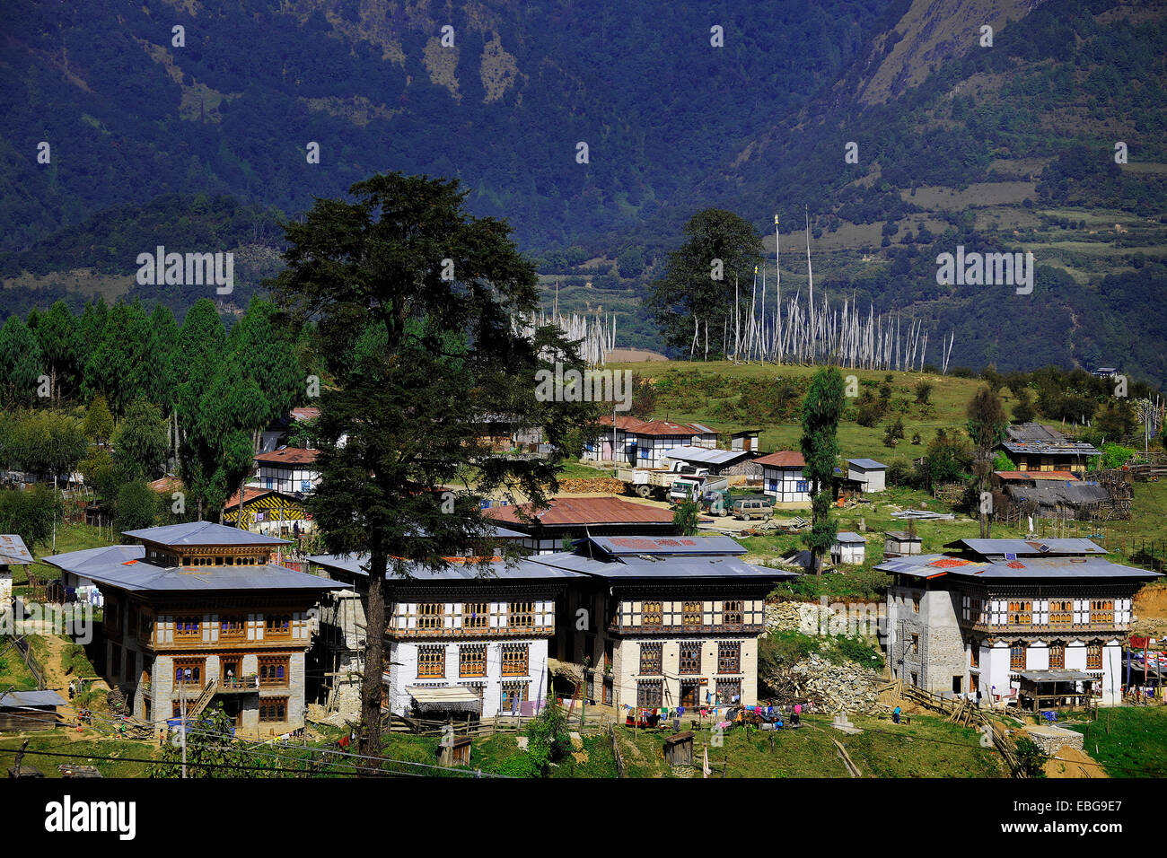 Blick über das Dorf Dungdungneysa, Dungdungneysa, Wangdue Phodrang Bezirk, Bhutan Stockfoto