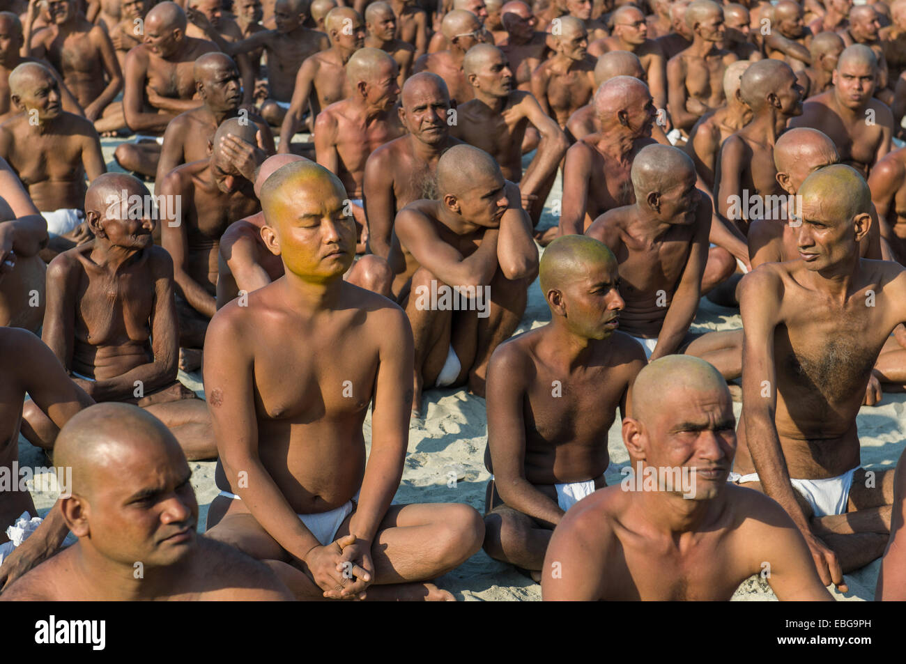 Sitzen in Stille im Rahmen der Einleitung der neuen Sadhus, während Kumbha Mela Festival, Allahabad, Uttar Pradesh, Indien Stockfoto