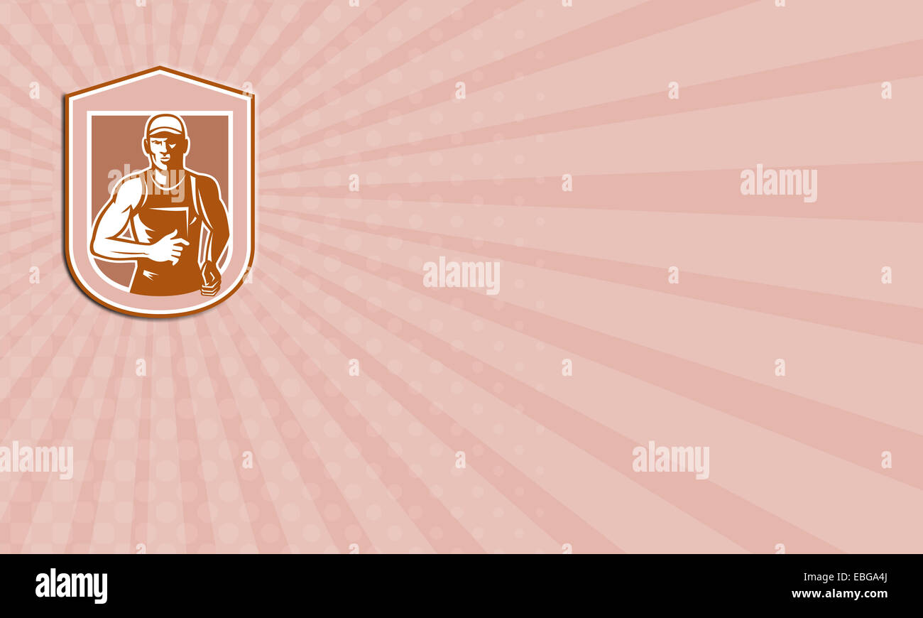 Visitenkarte zeigt Abbildung ein Marathon-Läufer läuft von vorne eingestellt innen Schild Wappen auf isolierte Hintergrund getan im retro-Stil gesehen. Stockfoto