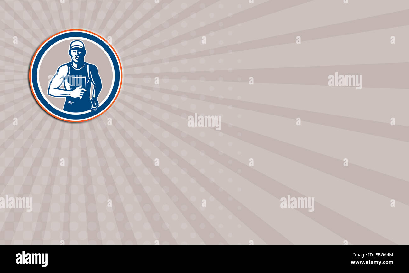Visitenkarte zeigt Abbildung ein Marathon-Läufer läuft von vorne eingestellt im inneren Kreis auf isolierte Hintergrund getan im retro-Stil gesehen. Stockfoto