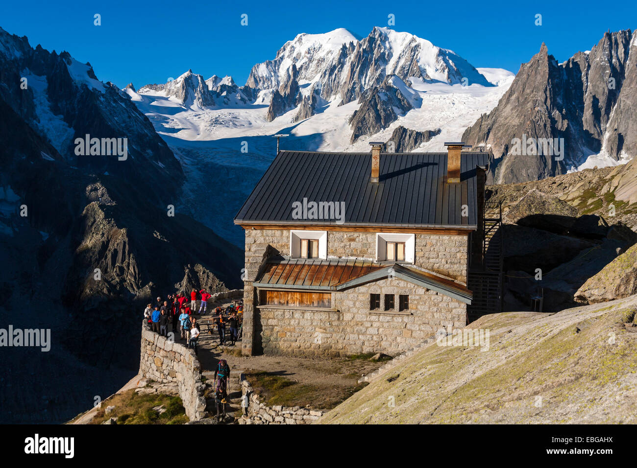 Refuge du Couvercle, Mont Blanc auf der Rückseite, Mont Blanc Massiv, in der Nähe von Chamonix-Mont-Blanc, Haute-Savoie Departement Stockfoto