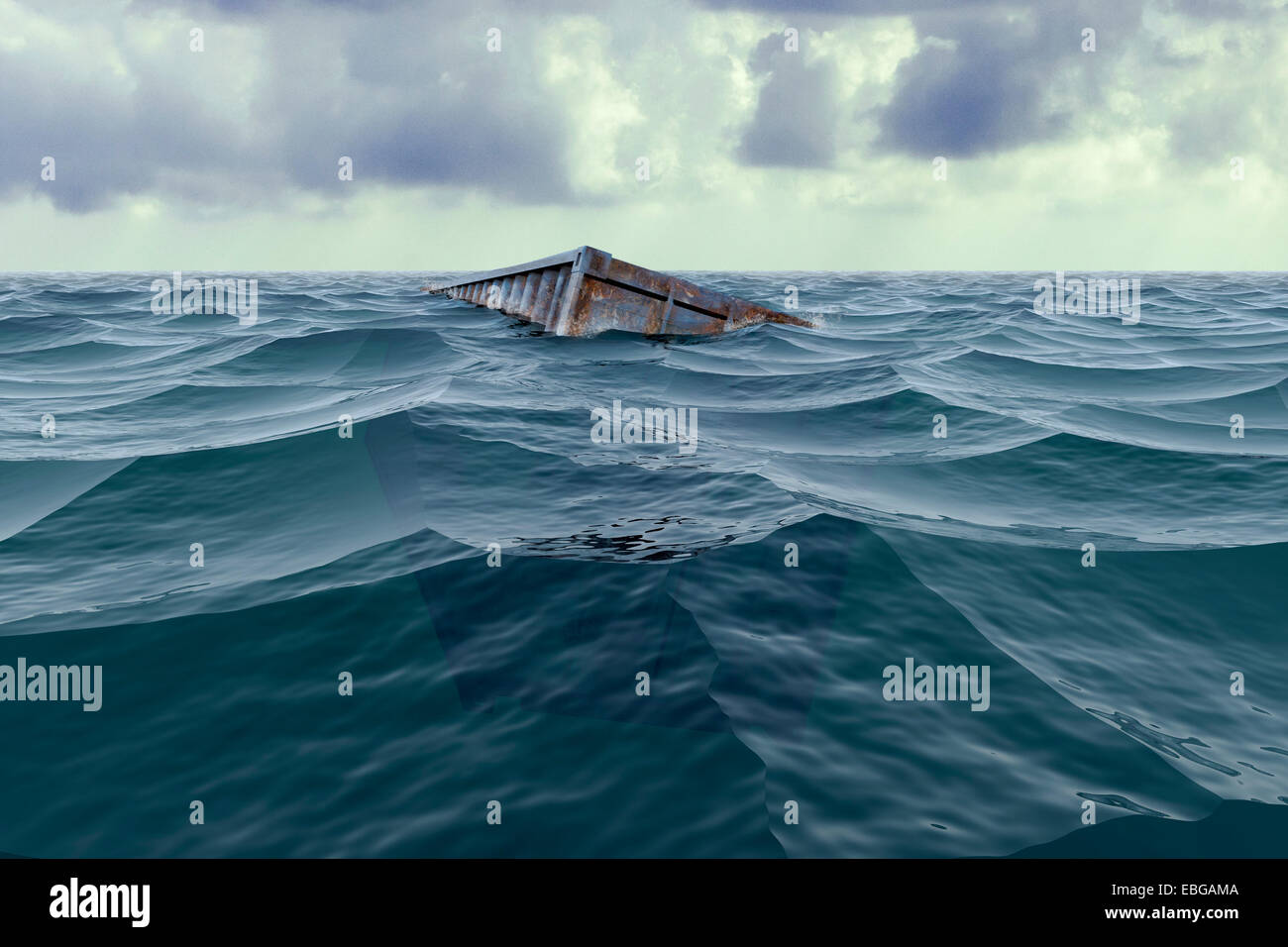 Einem 40-Fuß Container auf See knapp unterhalb der Wasseroberfläche schwimmende Stockfoto