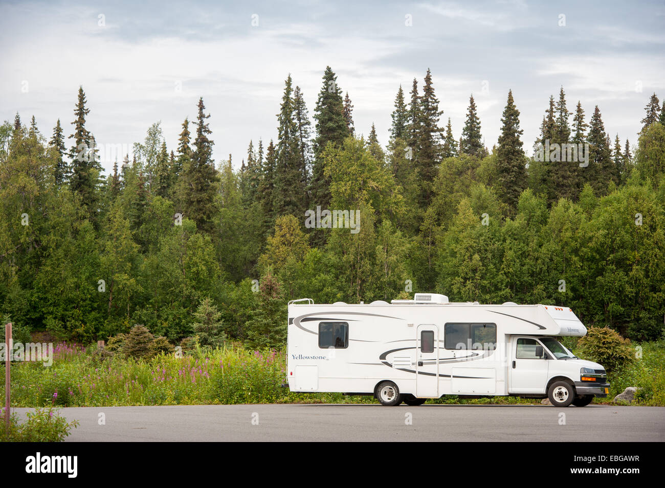 RV vor Alaska Wald geparkt Stockfoto