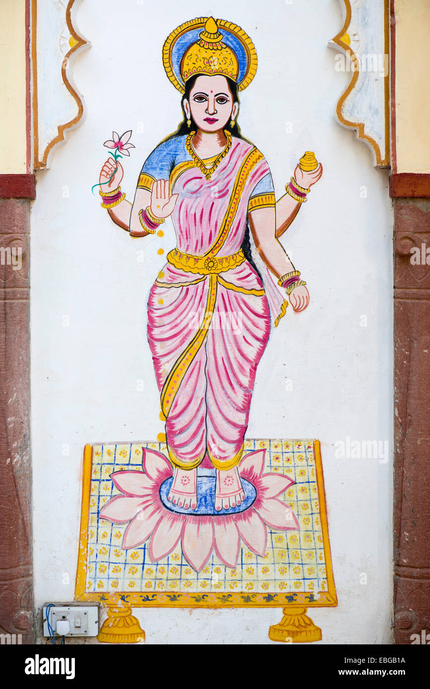 Göttin Lakshmi, Wandbild an einer Hauswand, Bassi, Rajasthan, Indien Stockfoto