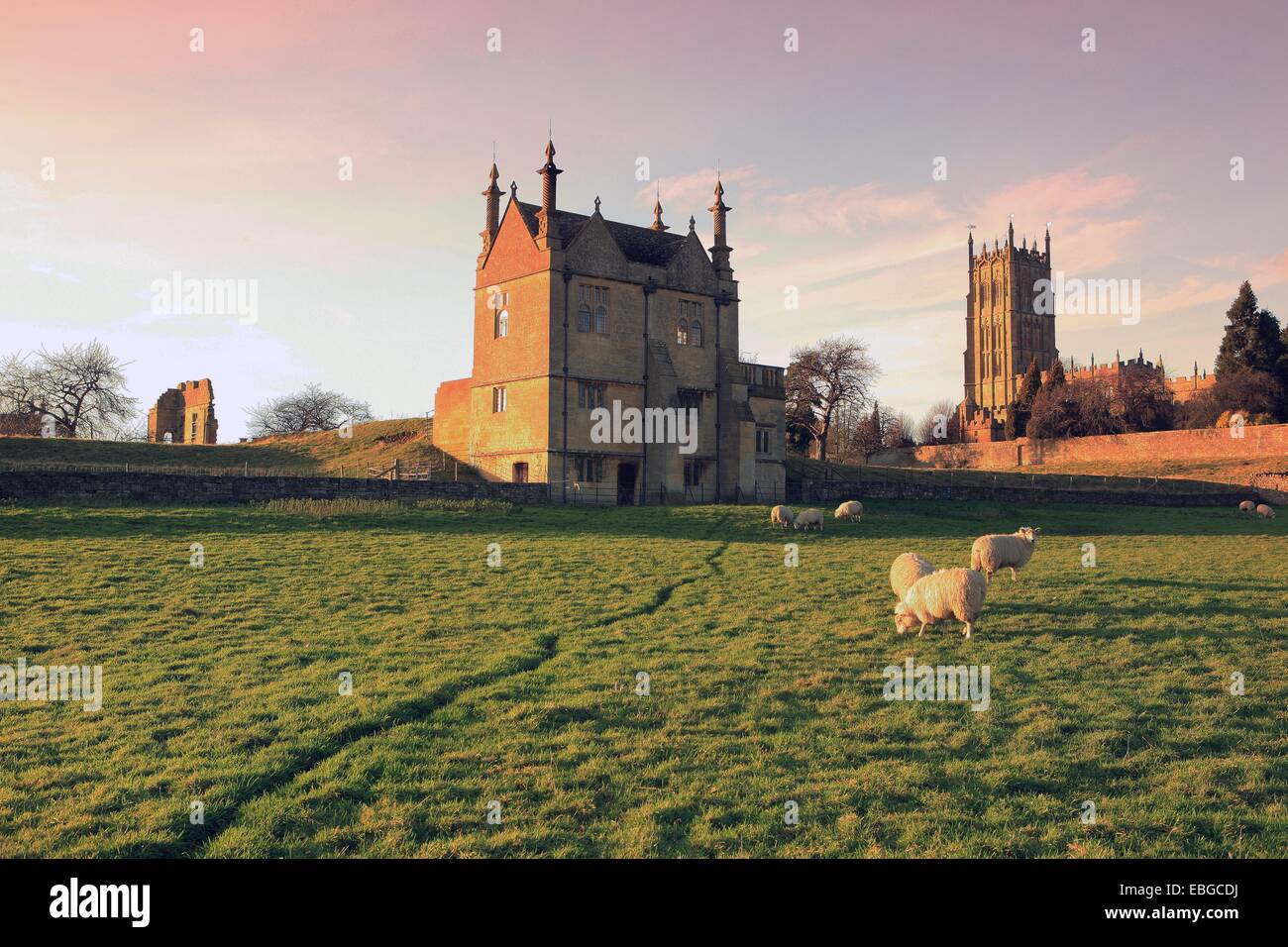 Schafe weiden unter der Wolle-Kirche und die Überreste des alten Herrenhauses in Chipping Campden in den Cotswolds Stockfoto