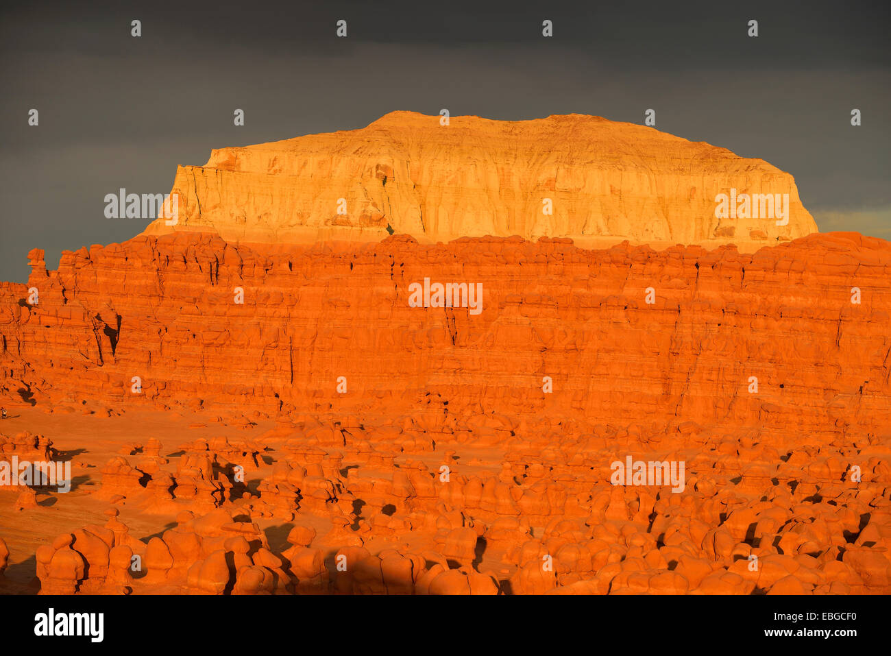 Wild Horse Mesa erodiert Hoodoos und Felsformationen aus Sandstein Entrada im Morgenlicht, dunkle Wolken am Rücken Stockfoto