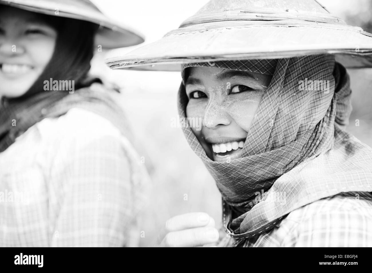 Lächelnde Gesichter von Thanaka bedeckt Bäuerin im Reisfeld Stockfoto