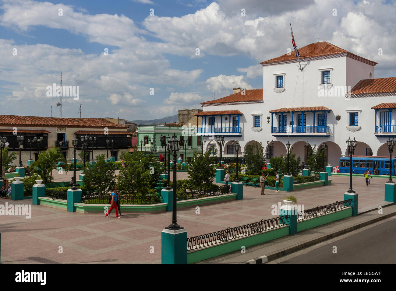 Kuba, Santiago, Cespedes Park & Stadtverwaltung Haus Stockfoto