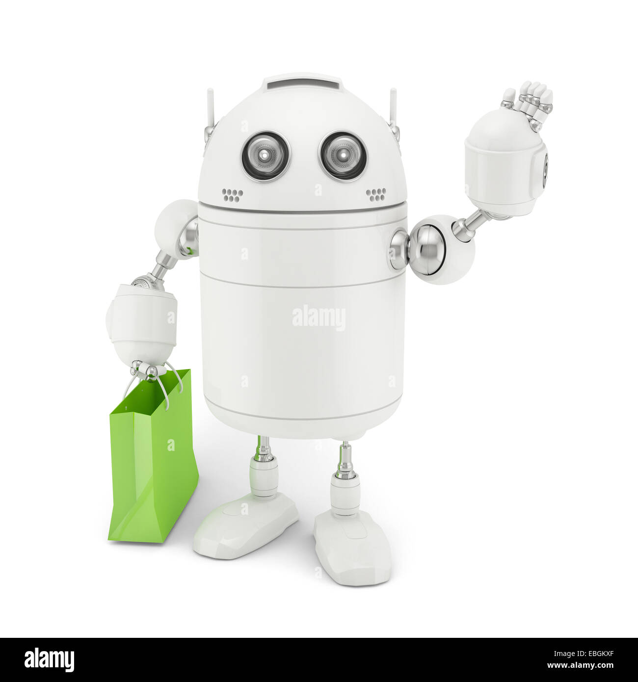 Roboter mit Einkaufstasche. Auf weißem Hintergrund gerendert Stockfoto