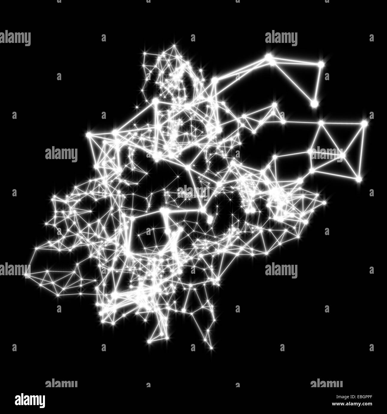 Glänzend weiße Magie verbunden Punkte auf schwarz. Zusammenfassung Hintergrund Stockfoto