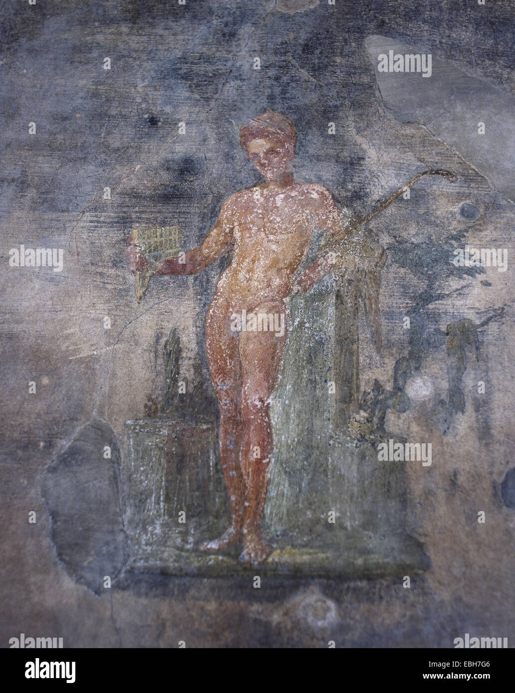 Italien. Pompeji. Haus der Vettii. Junger Mann beim Flötenspiel. 1. Jahrhundert n. Chr. Stockfoto