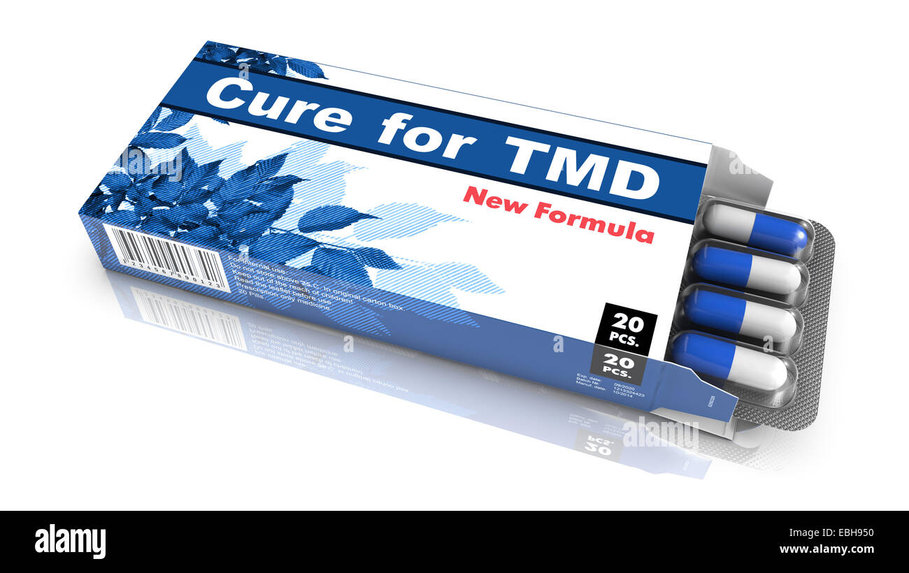 Heilung für TMD, Pillen Blister raus aus blauen Kasten over White Background. Stockfoto