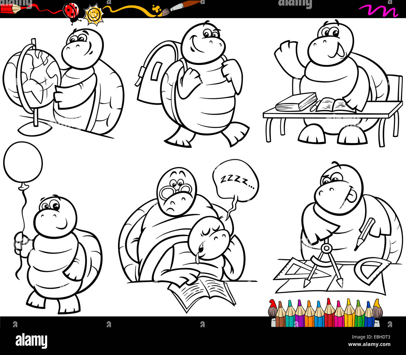 Coloring Book oder Seite Cartoon Illustration von Schwarz und weiß lustige Schildkröte Tier Charakter in der Schule für Kinder Stockfoto
