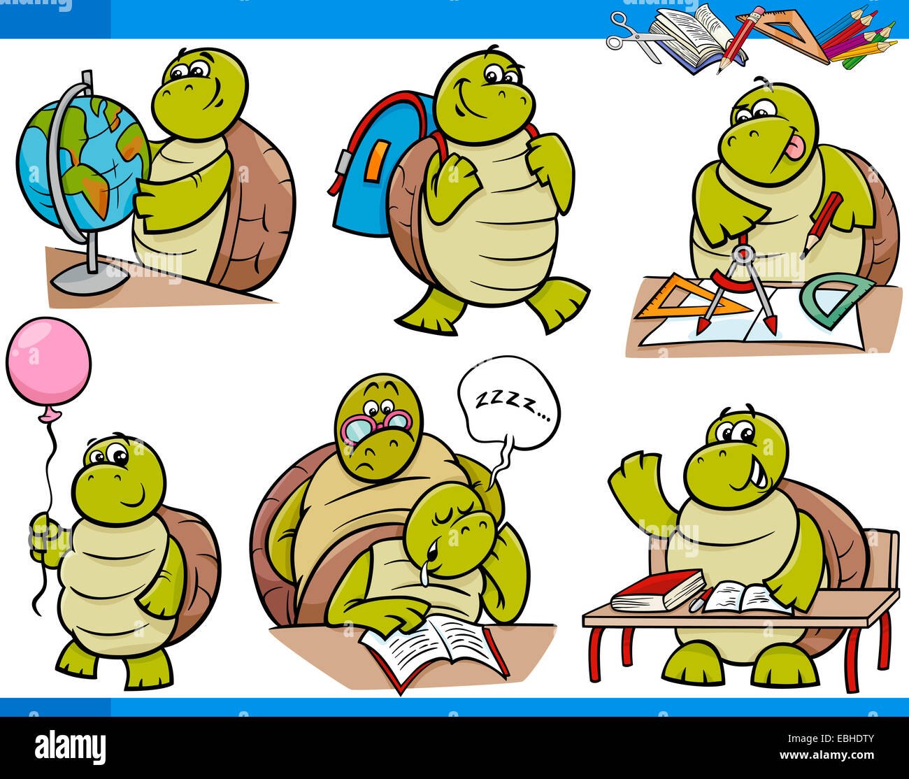 Cartoon-Illustration der Schildkröte Tier Charakter Schule Ausbildungs-Set Stockfoto