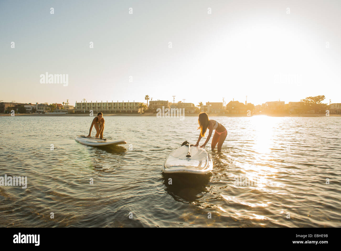 Zwei Frauen schieben Paddleboards bei Sonnenuntergang, Mission Bay, San Diego, Kalifornien, USA Stockfoto