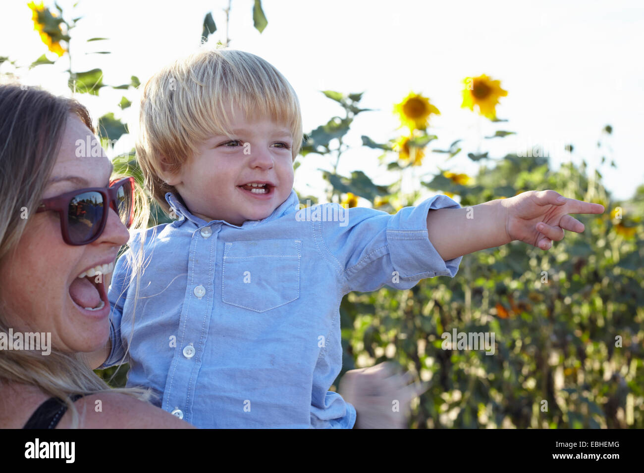 Mitte erwachsenen Frau und Kleinkind Sohn zeigt im Sonnenblumenfeld Stockfoto