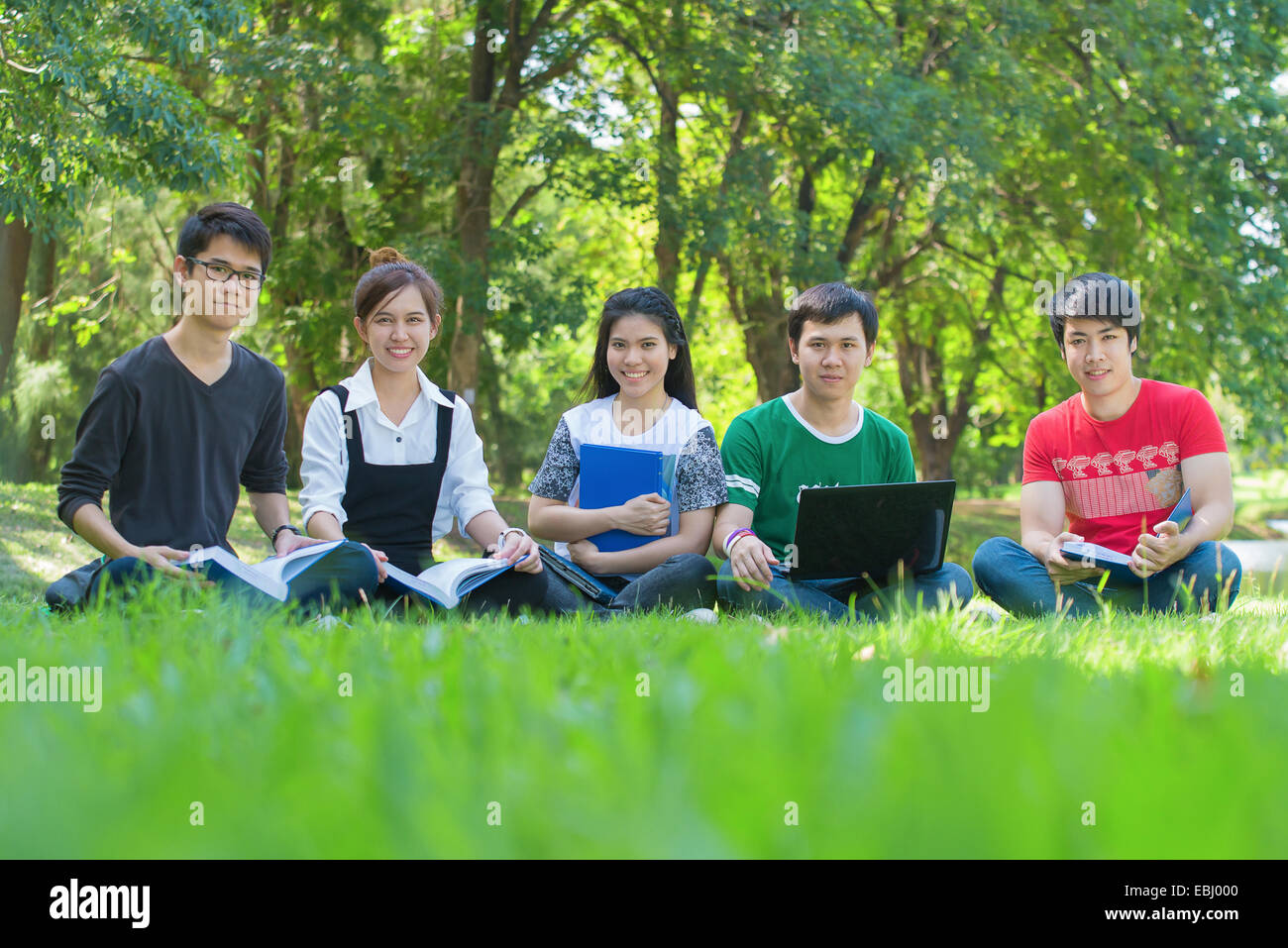 Glückliche Gruppe von Studenten sitzen im park Stockfoto