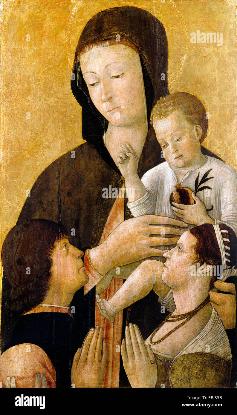 Gentile Bellini, Madonna mit Kind und zwei Spender. Ca. 1460. Kalk auf  Leinwand übertragen. Gemäldegalerie, Berlin, Deutschland Stockfotografie -  Alamy