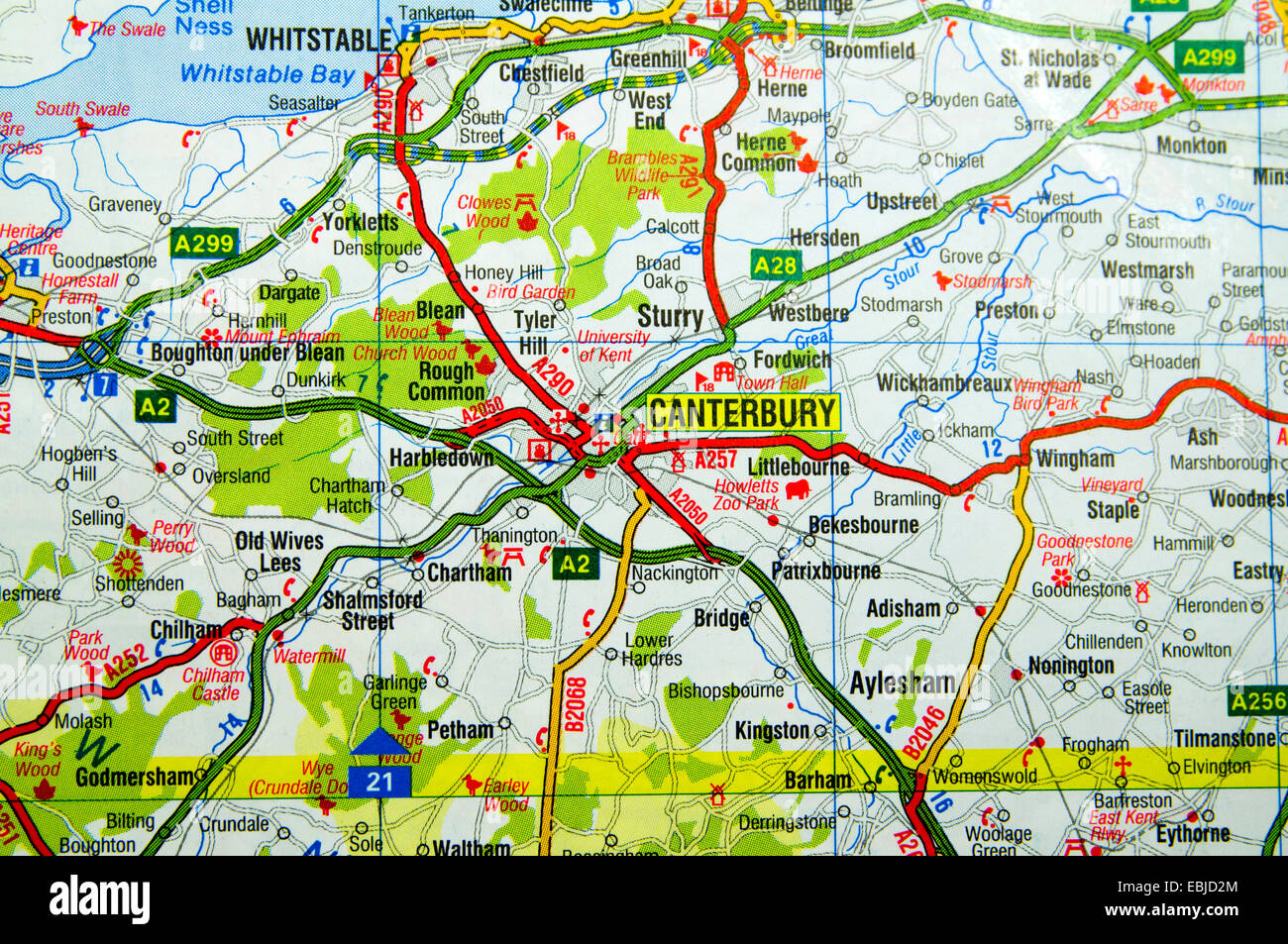 Straßenkarte von Canterbury, Kent, England. Stockfoto